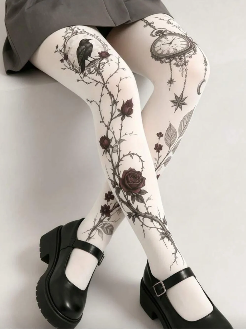 Floral Raven & Pocket Watch Printed Tights in White